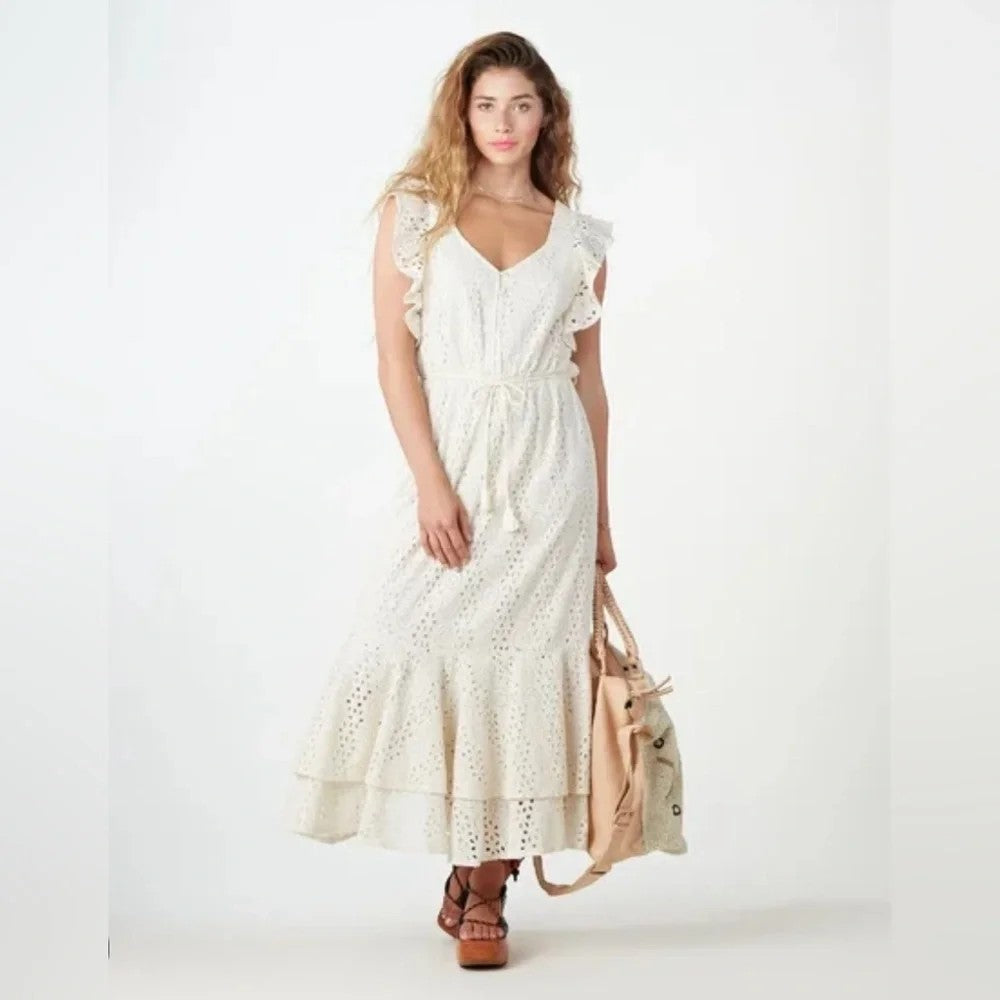 Cleobella Cream Eyelet Tiered Midi Dress with Tassel Tie Women's XS