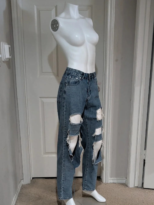 Unbranded Women's Straight Ripped Jeans in Washed Blue Small