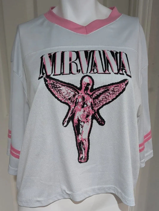 NIRVANA White Cropped Tee with Pink Graphic and Trim Women's XL