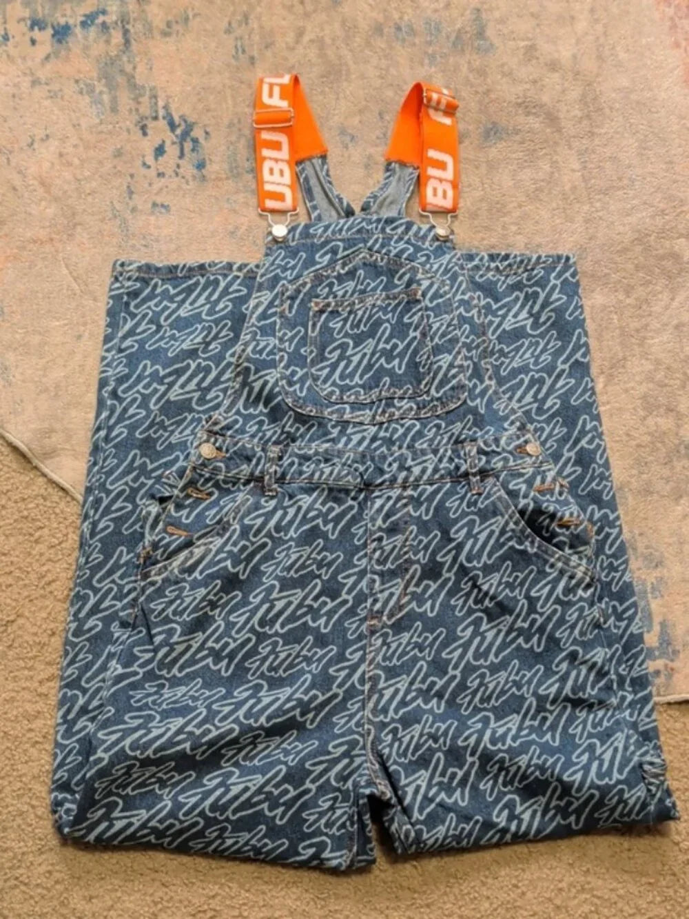 FUBU Blue Script-Print Denim Overalls with Orange Logo Straps Women's Small Y2K