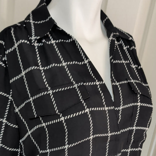 Ann Taylor Factory Black and White Checkered Sheer Long Sleeve Blouse M