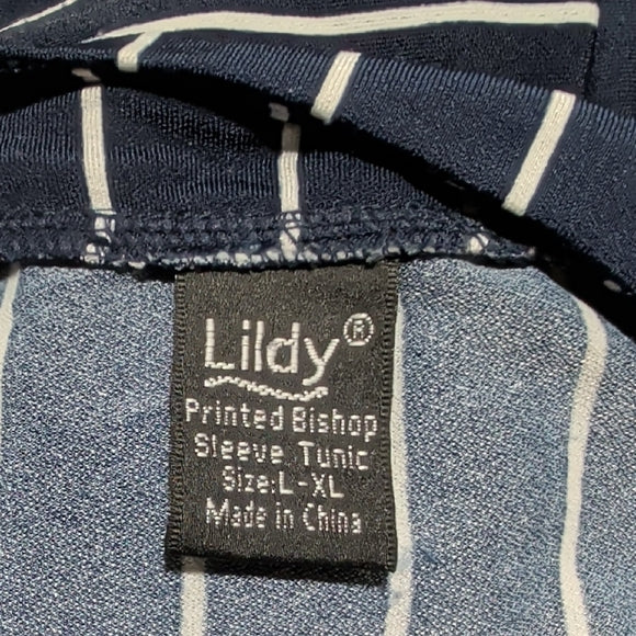 Chic Navy Blue Striped V-Neck Tunic Women's L/XL