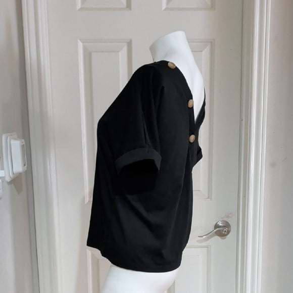 Elegant Black Short Sleeve Women's Top Small Low Back Mock Button Down