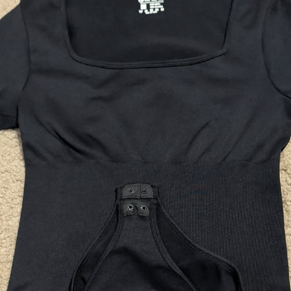 OQQ Chic Black Ribbed Women's Bodysuit Large