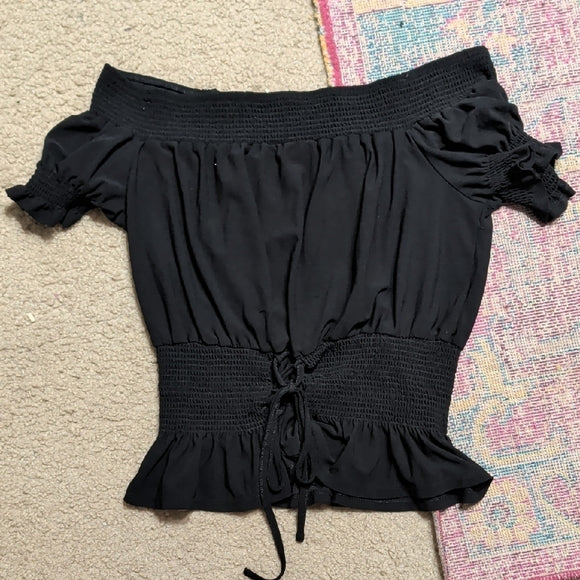 Sweet Wanderer Black Off-Shoulder Smocked Peplum Crop Top Women's Large
