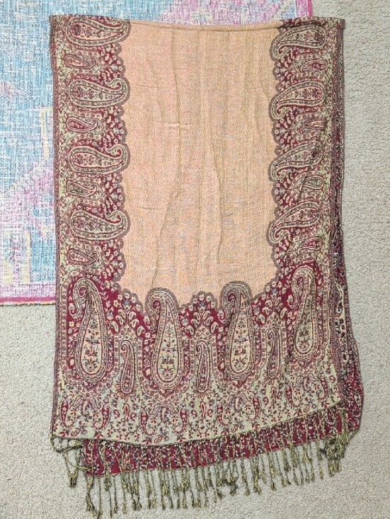 Vintage Beige, Black & Burgundy Paisley Pashmina Wrap Shawl
