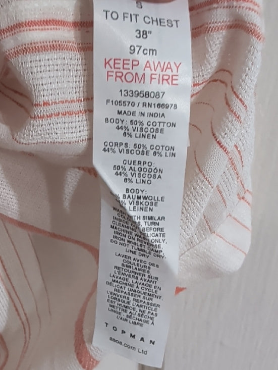 Topman White and Coral-Striped Short Sleeve Button-Down Shirt Men's Small