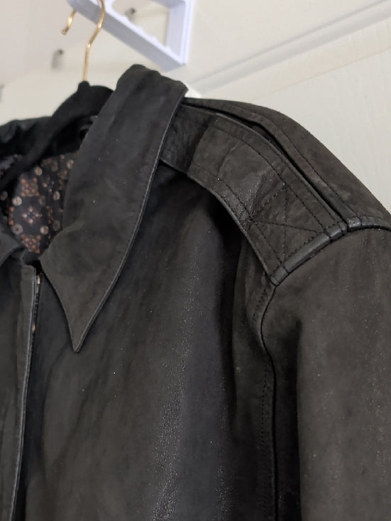 Vintage Black Leather Bomber Jacket with Ribbed Cuffs Men's XL