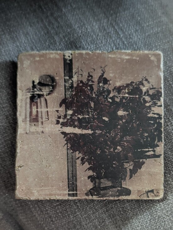 Vintage Style Botanical Stone Coaster - Burgundy Plant Print Handcrafted