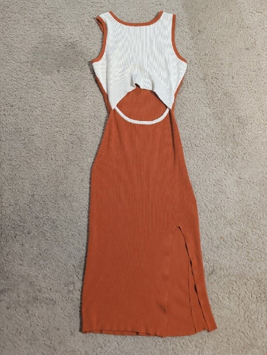 Vintage Sleeveless Cutout Midi Dress in Brunt orange and Cream XS