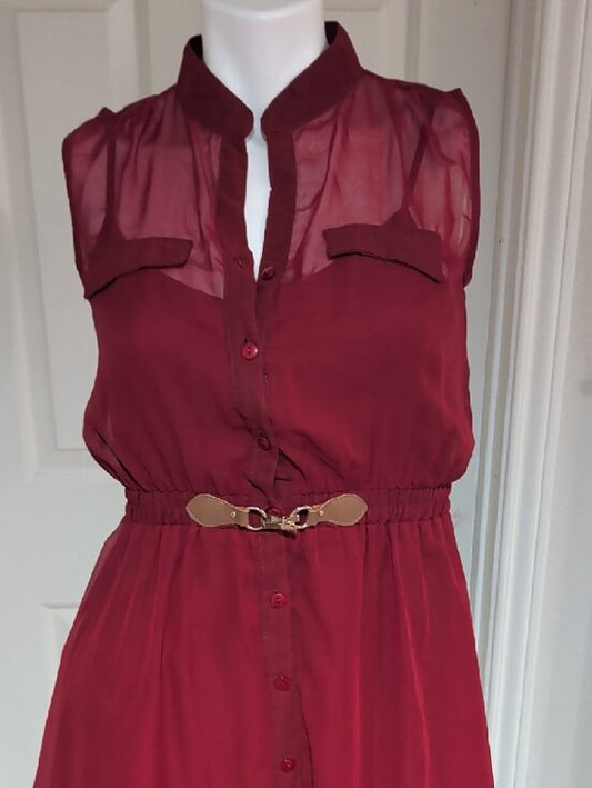 Vintage Sleeveless Burgundy Button-Front Mini Dress with Belt Women's S