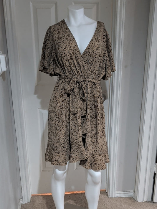Wrap Front Tan & Black Dot Print Dress With Belt Women's XL