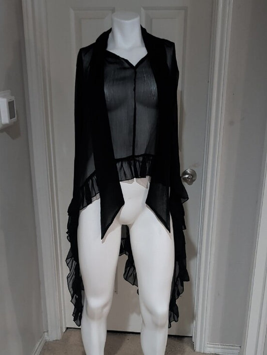 Vintage Sheer Black Ruffled Drape Cardigan Women's Large