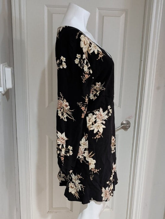 Xhilaration Brown Floral V-Neck Dress with Cream Blooms Women's XXL