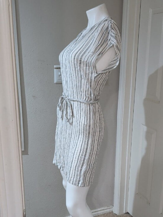 H&M White Dress with Gray Vertical Stripes & Belt Women's 2