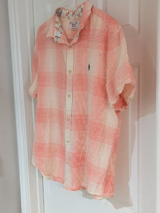 Original Penguin Coral and Cream Plaid Short-Sleeve Button-Down Shirt Men's XL
