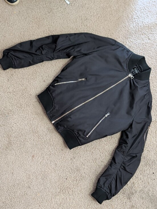 Topshop Black Puffer Bomber Jacket with Gold Zippers Women's Small