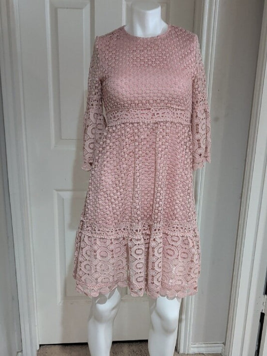 SHEIN Blush Lace Midi Fit-and-Flare Dress Women's Small