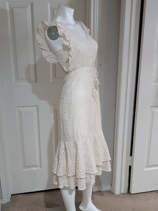 Cleobella Cream Eyelet Tiered Midi Dress with Tassel Tie Women's XS