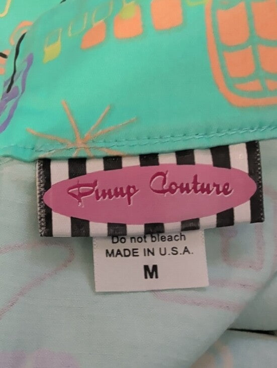 Vintage Pinup Couture Teal A-Line Skirt w/ Retro Geometric Print Women's M Retro