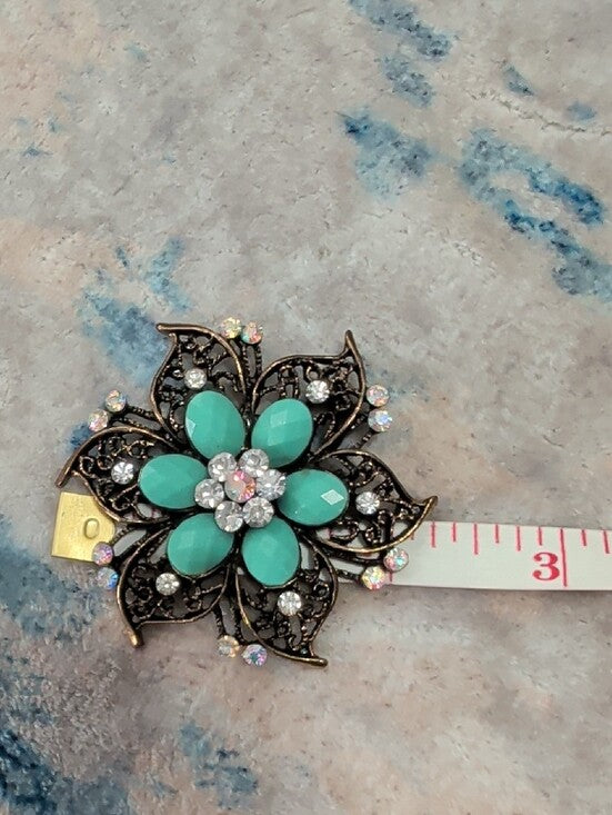 Vintage Turquoise Floral Crystal Brooch Retro Costume Jewelry