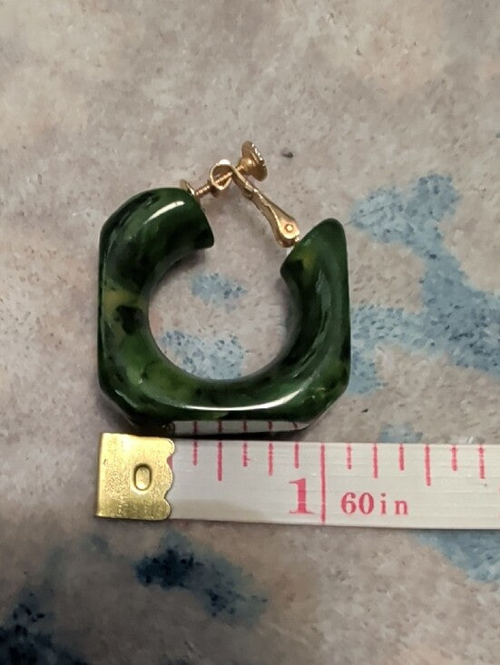 Vintage Carved Bakelite Hoop Clip-On Earrings 1" Green Special Marbled Retro