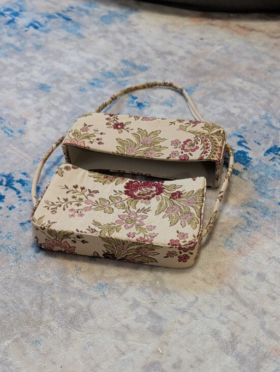 Vintage Floral Needlepoint Small Shoulder Bag - Beige Pink Classic Handbag
