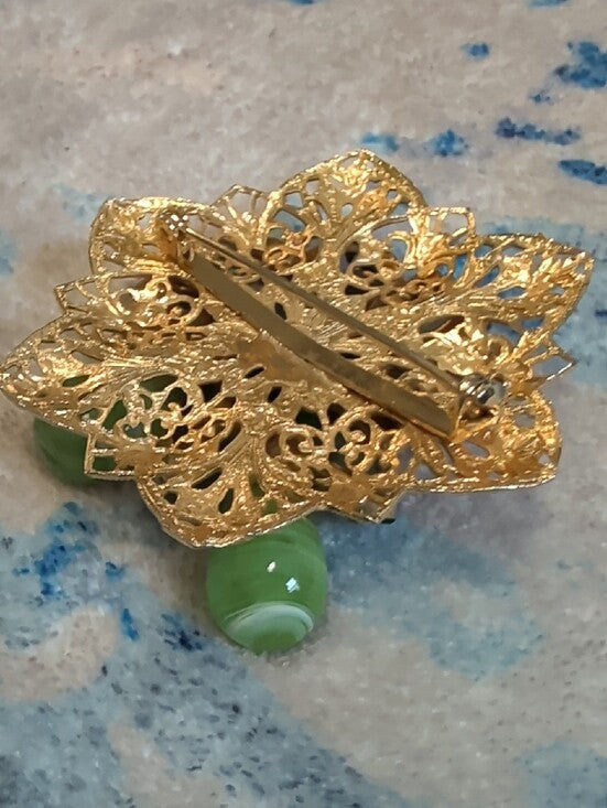 Vintage Gold-Tone Green Crystal Floral Brooch 2" & Earrings Set Costume Jewelry