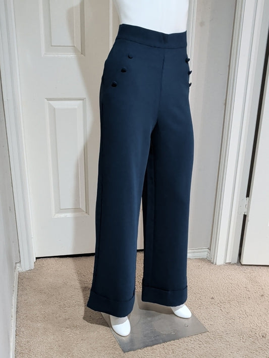NWT Forever 21 High-Waist Wide-Leg Navy Sailor Pants w/ Button Detail Women's S