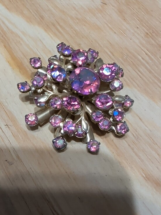 Vintage Gold-Tone Pink Rhinestone Floral Brooch - MCM Costume Jewelry