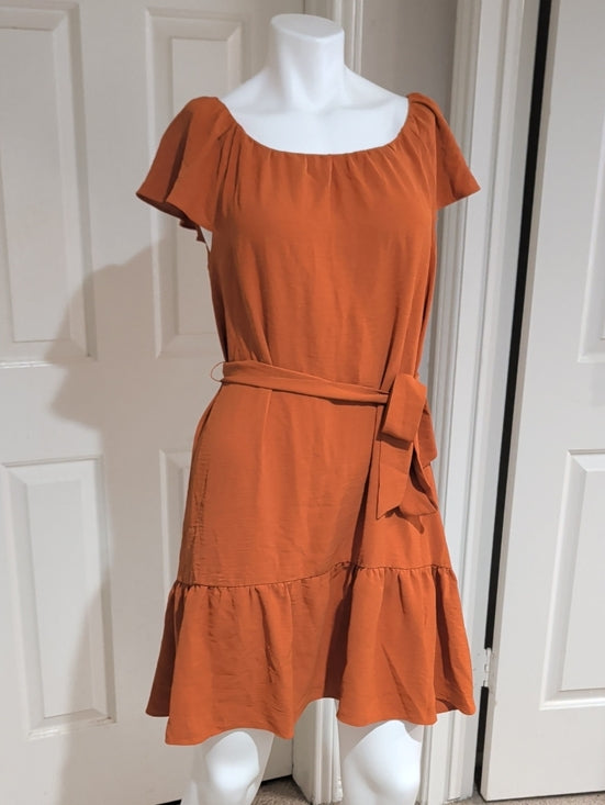 DKNY Rust Orange Flutter Sleeve Mini Dress Tie-Belt Women's 12/L