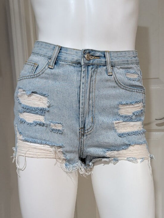 Light Blue Distressed High-Waist Denim Shorts Women's XS