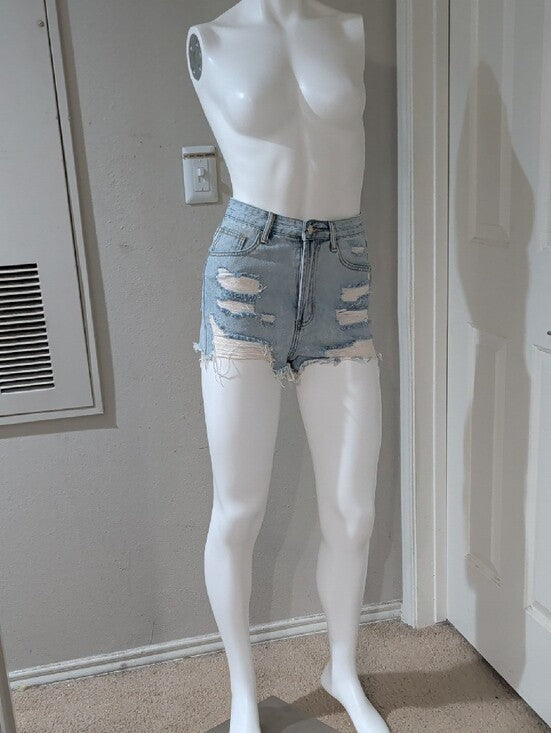 Light Blue Distressed High-Waist Denim Shorts Women's XS
