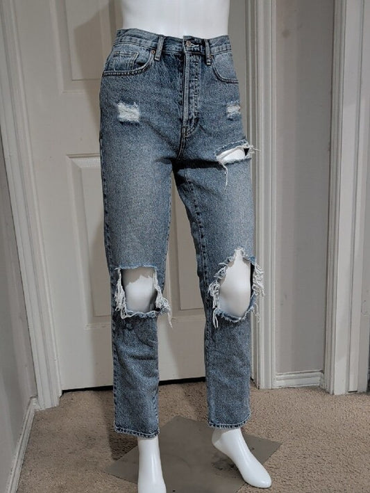 PacSun Women’s Distressed Straight Leg Dad Jeans - Light Blue Wash 24/XS