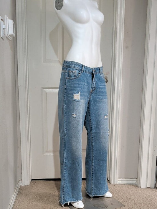 Shein Women's Light Blue Distressed Wide Leg Jeans US 8-10/Large