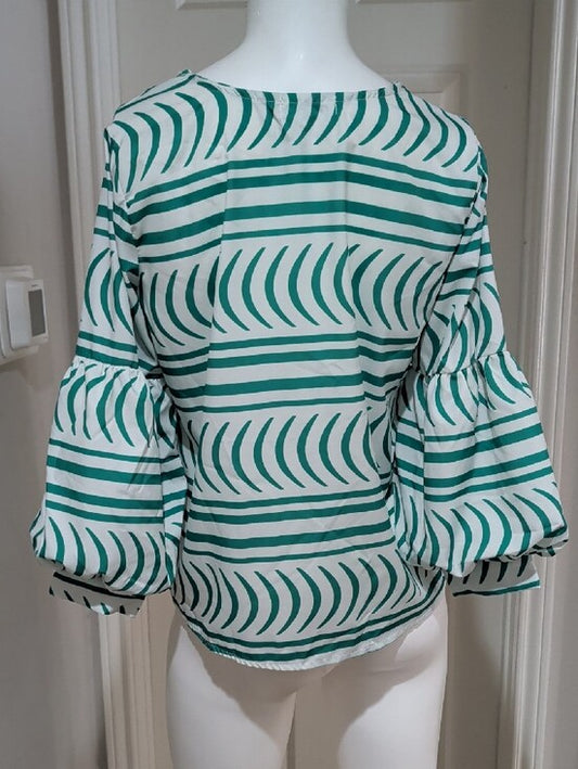 Follow Me Women's Green & White Striped Balloon-Sleeve Blouse New M/L