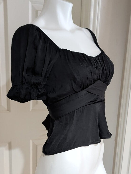 Mi Ami Black Square-Neck Peplum Tie-Waist Blouse Women's Medium