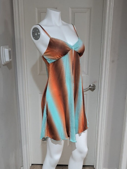 Y2K No Boundaries Aqua and Copper Striped Satin Textured Slip Dress Women's S