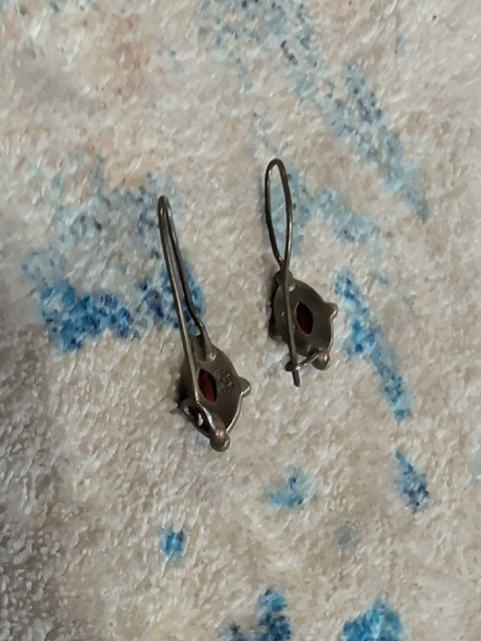 Vintage Sterling Silver Red Garnet Marquise Drop Earrings Stamped 925