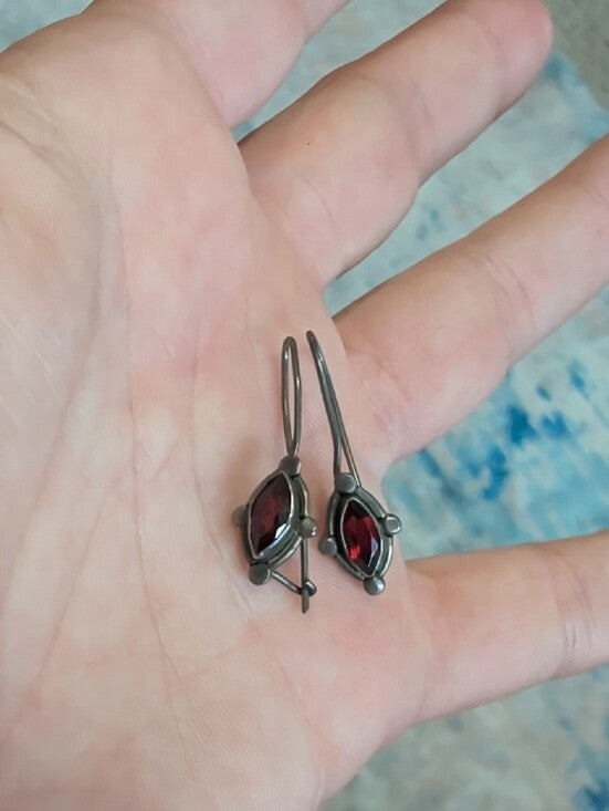 Vintage Sterling Silver Red Garnet Marquise Drop Earrings Stamped 925