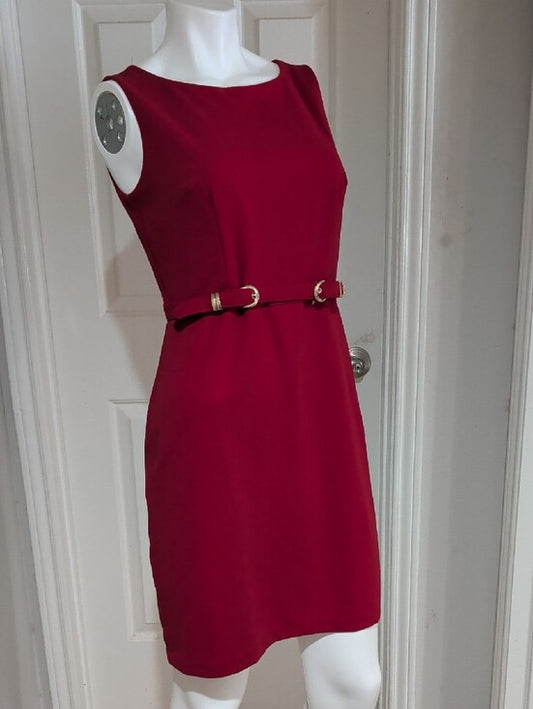 Alyx Sleeveless Red Stretch Sheath Dress with Gold Buckle Belt Women's 8