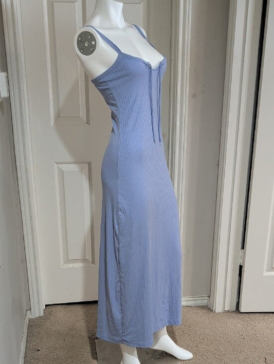 Y2K Lilac Ribbed Spaghetti-Strap Maxi Dress Adjustable Tie Front Retro Women's M