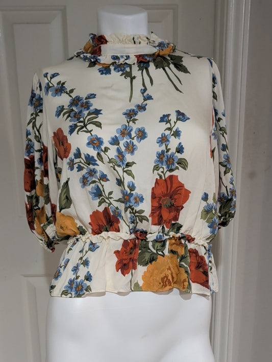 Tahari Cream Floral Ruffle-Neck Peplum Blouse with Red & Yellow Blooms Women's M