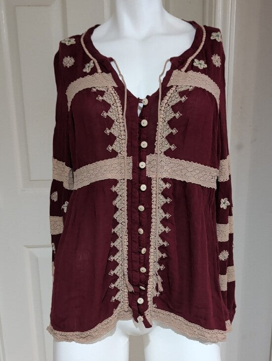 Free People Burgundy Boho Embellished Tunic Top Women's Medium