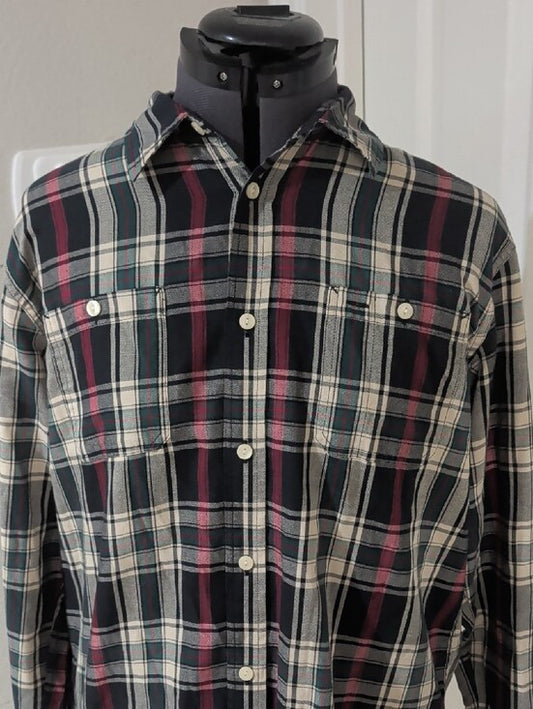 Chaps Black & Cream Plaid Button-Down Shirt with Red Stripes Men's XL