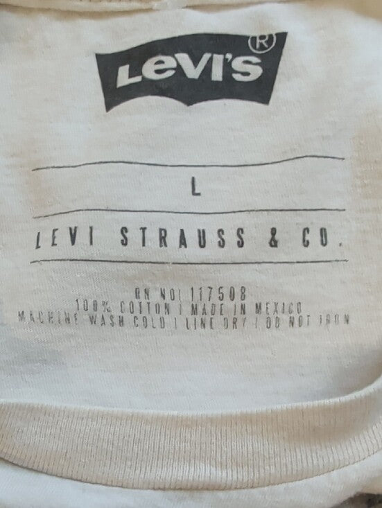 Vintage Levi's Crop Logo Tee in Cream with Red Print Women's Large Retro Tees