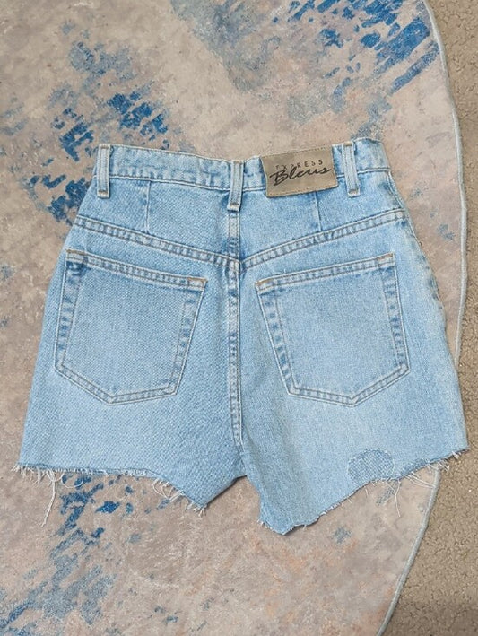 Express Bleus Light Wash Denim Shorts w/ Floral Appliqués Women's 3/4 Retro y2k 90s VTG