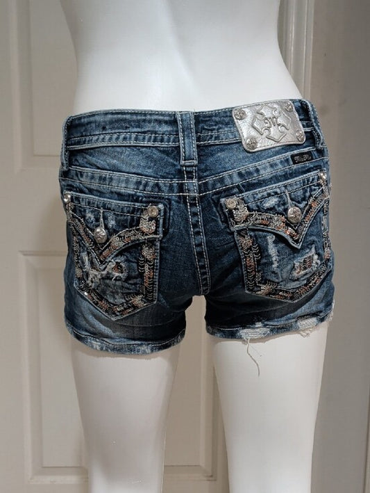 Miss Me Distressed Medium Blue Low-Rise Denim Shorts Y2K Women's 28 Retro