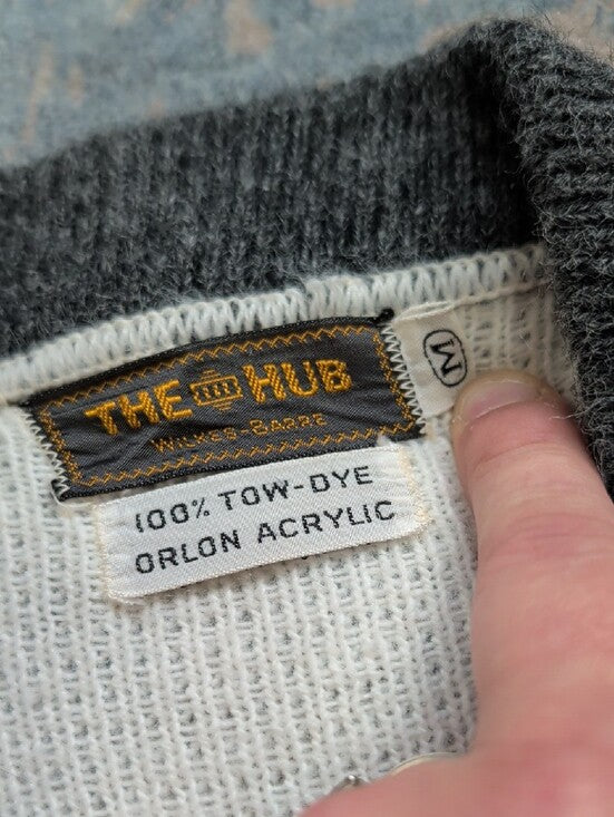VTG 1960's-70's The Hub Orlon Acrylic Two-Tone Gray & White Knit Zip Cardigan Retro Men's M
