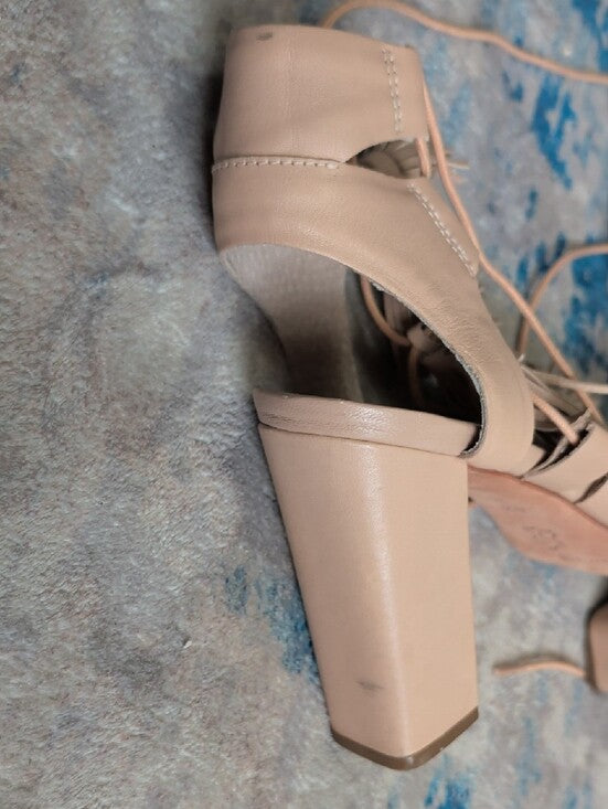 Loeffler Randall Fringed Lace-Up Block Heel Sandals in Rose Nude Women's 8.5 US
